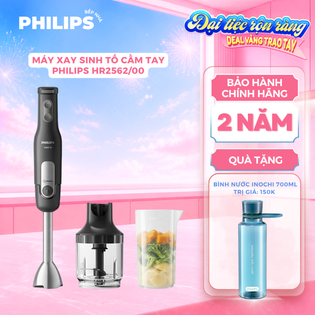 Máy Xay Sinh Tố Cầm Tay Philips HR2562/00 (1000W) Máy Xay Mini, Xay Đồ Ăn Dặm, Trái Cây Mềm - Thanh Máy Inox