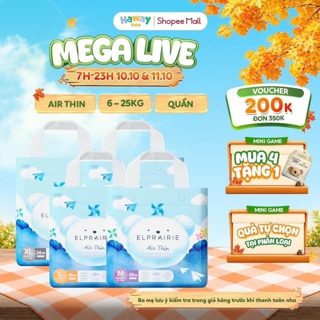 [QUÀ TỰ CHỌN] [4 BỊCH] Tã Bỉm Quần ELPRAIRIE Air Thin Siêu Mỏng Thoáng, Mềm Mại size M28, L26, XL24, XXL20 HAWAY