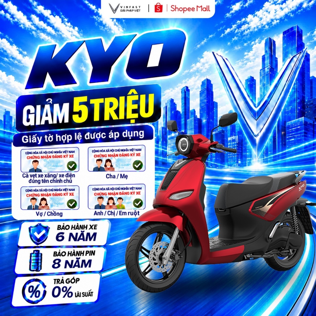 [Pre-Oder] Xe Máy Điện VinFast Kyo - Đổi Pin - Khóa Smart Key - Thuê Pin