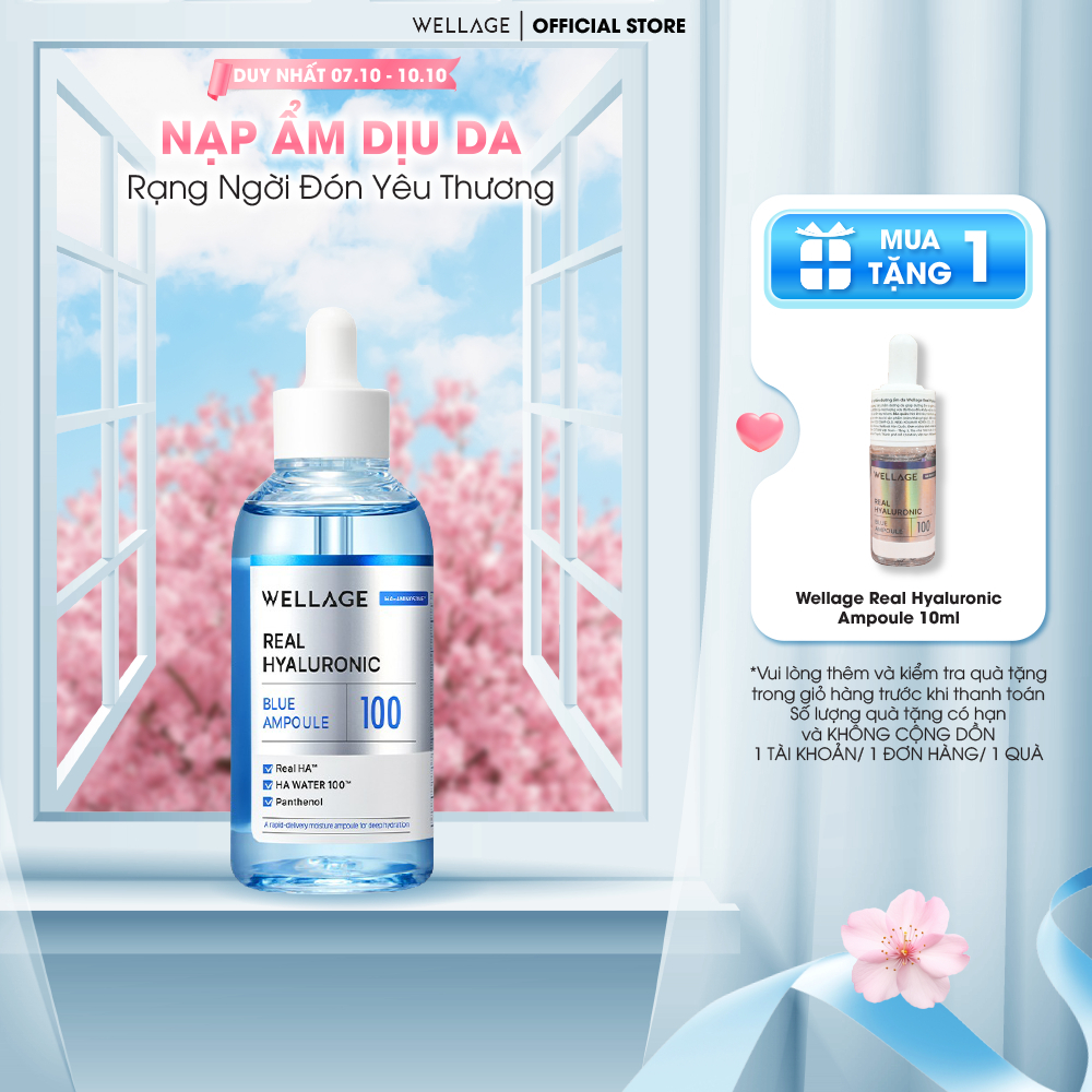 Tinh chất cấp ẩm sâu, phục hồi da, căng bóng mịn màng Wellage Real Hyaluronic Blue 100 Ampoule 60ml