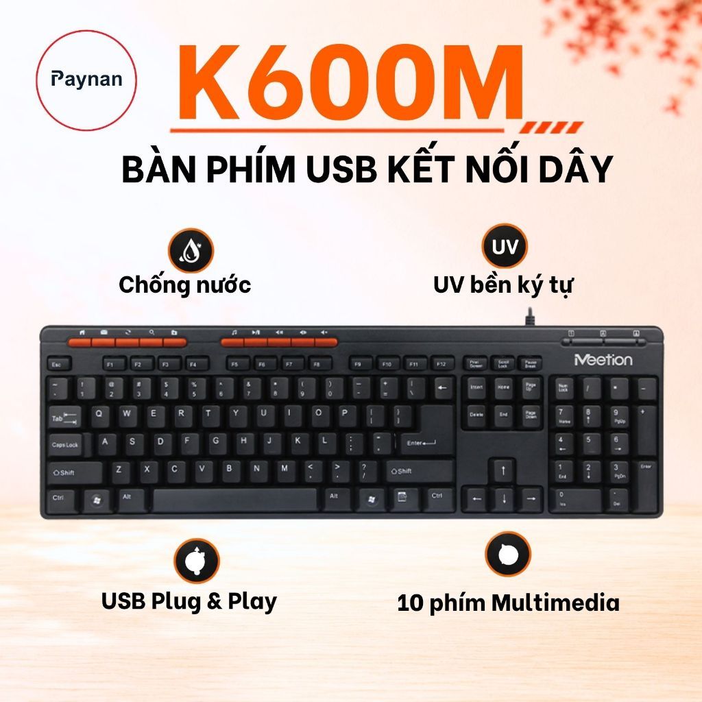 Bàn phím văn phòng chống ồn Meetion K600M, 104 phím, thiết kế Ergonomic, keycap khắc UV độ bền cao
