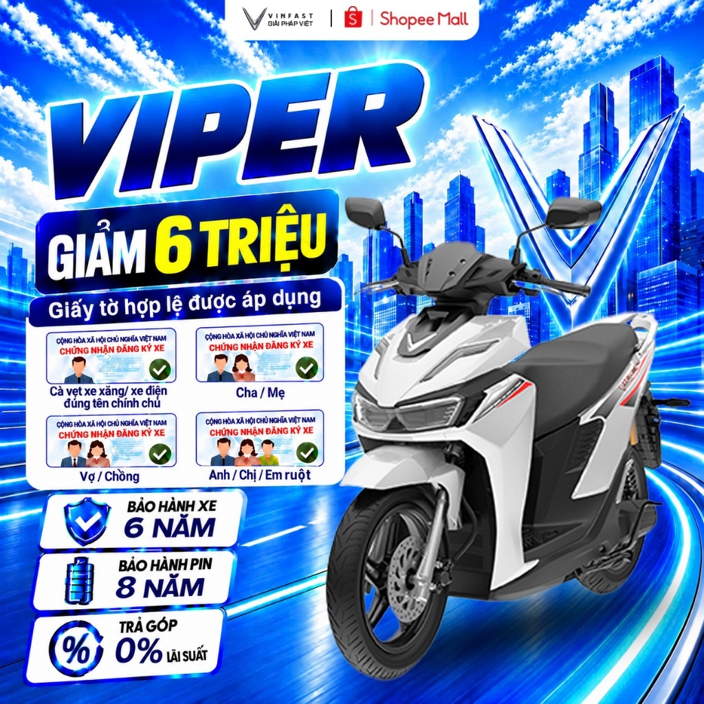 Xe Máy Điện VinFast Viper - Đổi Pin - Khóa SmartKey - Động Cơ 3000w - Thuê Pin
