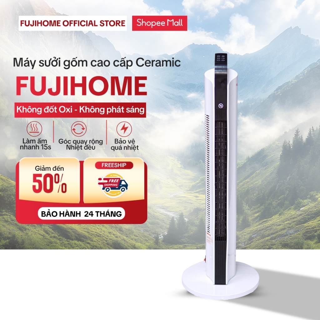 Máy sưởi gốm Nhập Khẩu không khô da FUJIHOME điều khiển từ xa mini, quạt sưởi ấm phun sương phòng tiết kiệm điện
