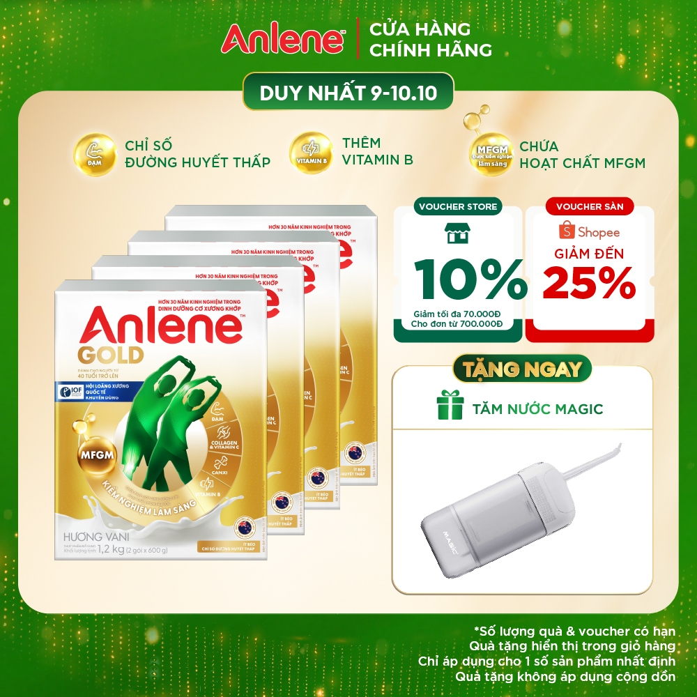 Combo 4 hộp Sữa Bột Anlene Gold Hương Vani 1.2kg ít béo, chỉ số đường huyết thấp giúp tăng cường cơ xương khớp