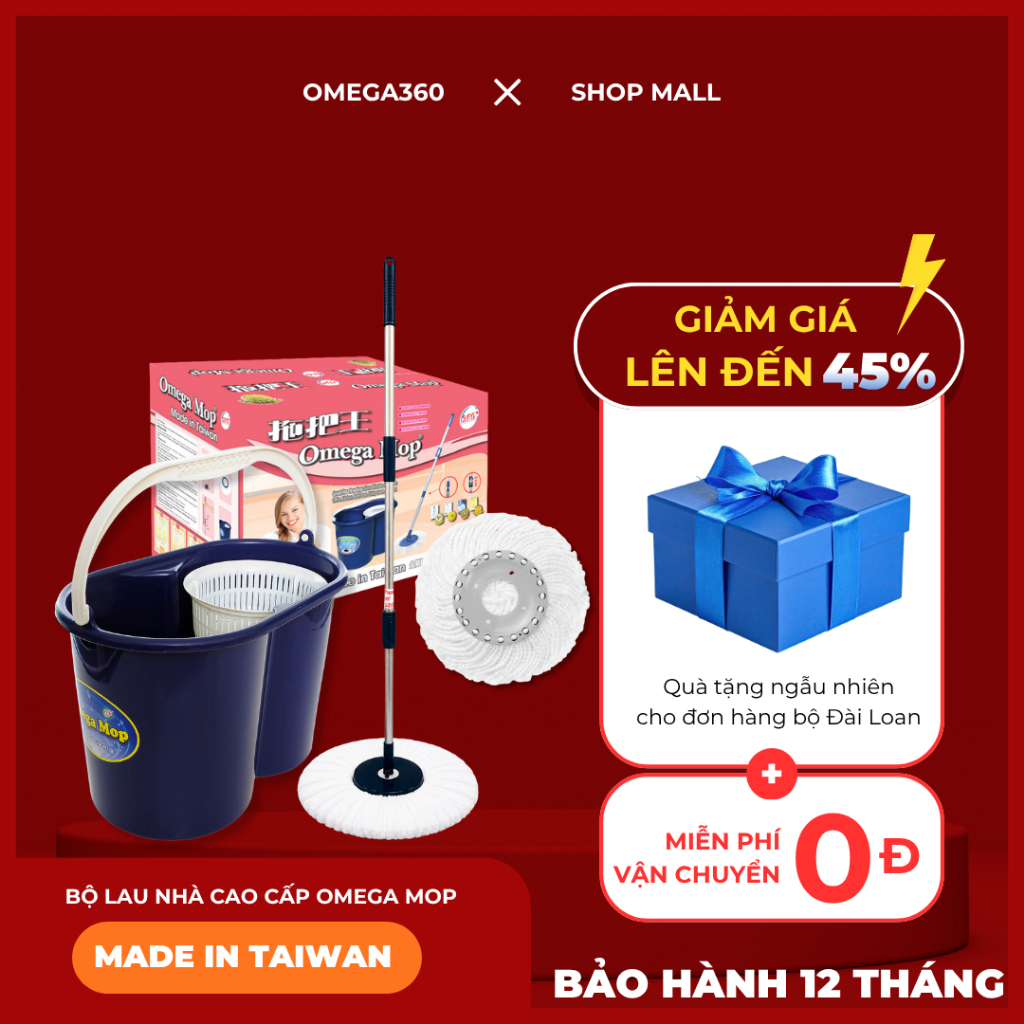 [HỎA TỐC] Bộ Lau Nhà 360 Độ Omega Mop Đài Loan – Cây Lau Nhà Xoay 360 + 2 Bông Lau + 1 Thùng Lau