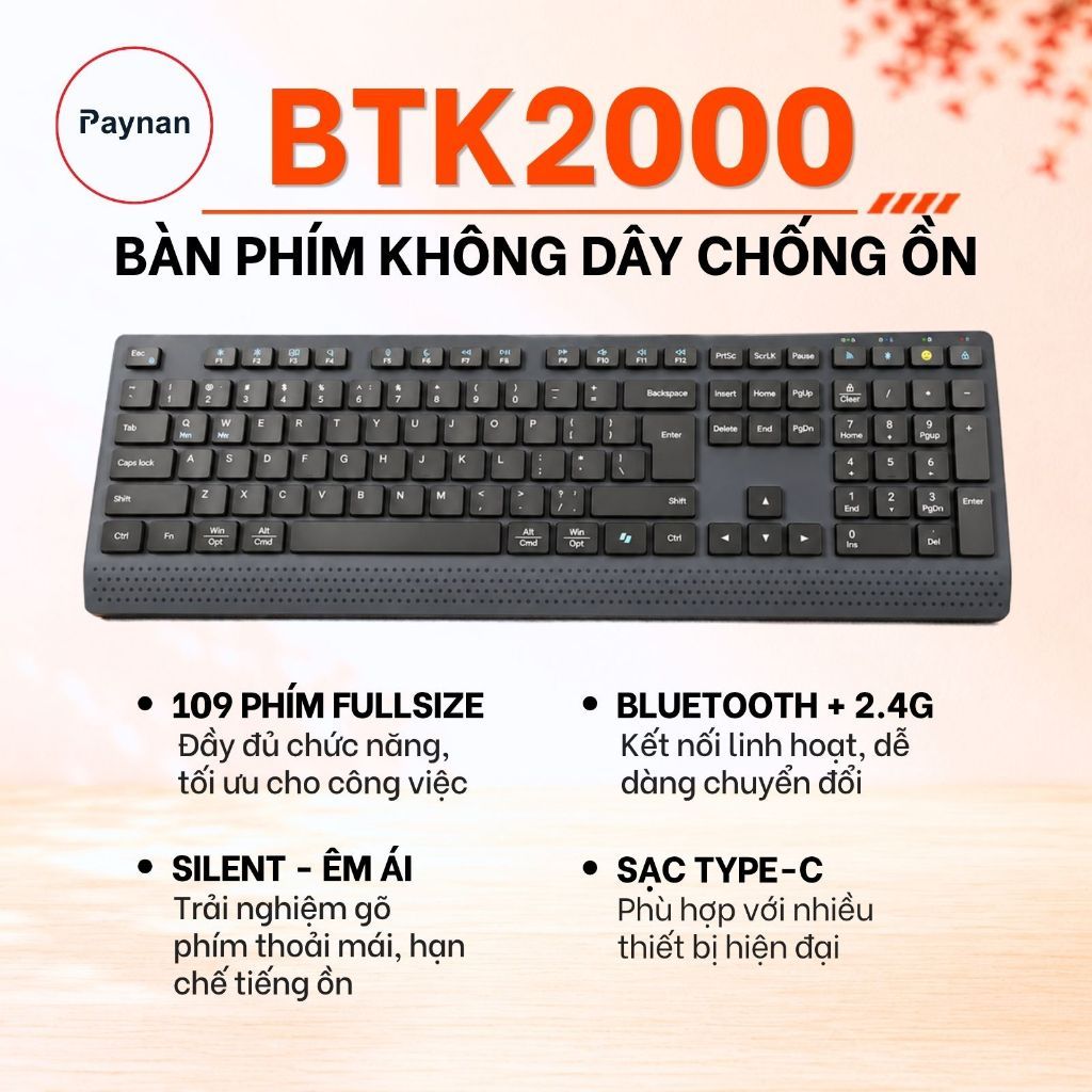 Bàn phím không dây Meetion BTK2000 Dual Mode Bluetooth/2.4G, Fullsize 109 phím Silent, pin sạc 300H