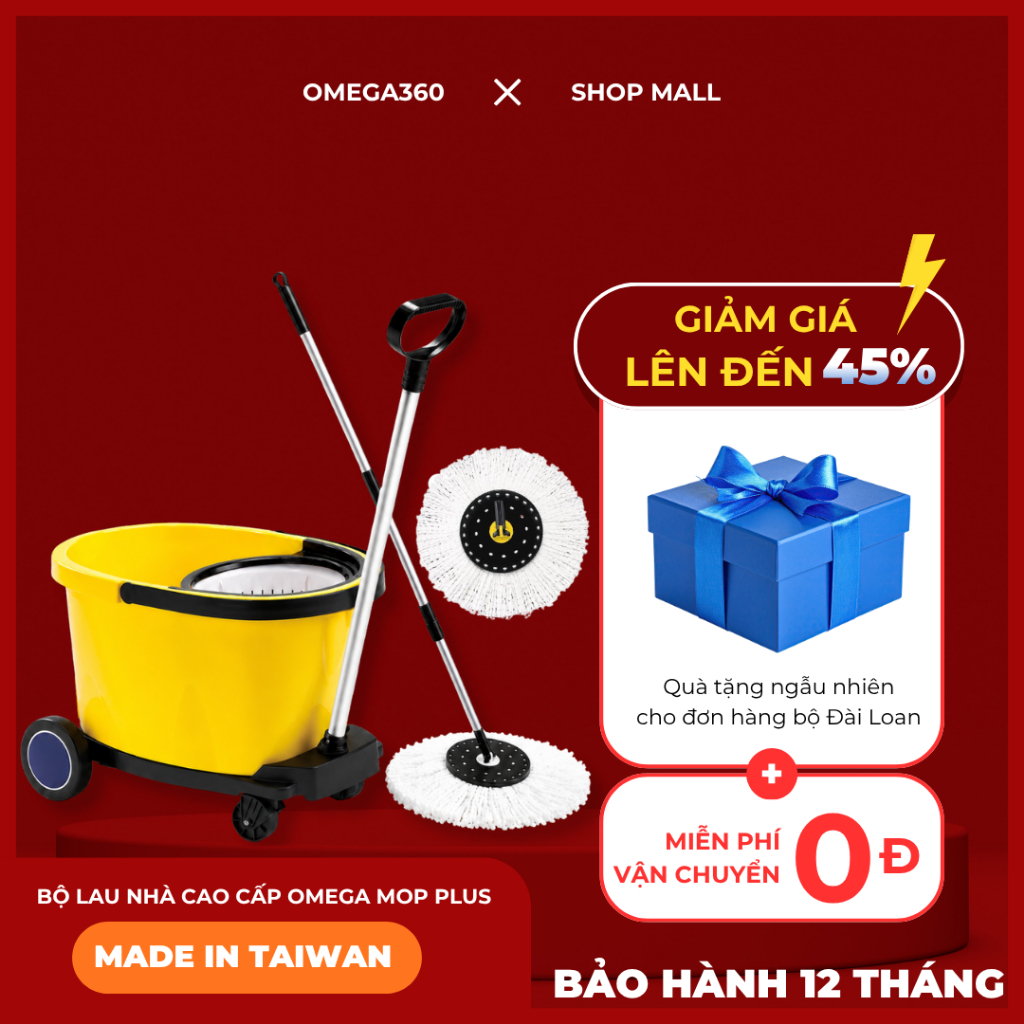 Bộ Lau Nhà 360 Độ Omega Mop Plus Đài Loan | Cây Lau Nhà Xoay 360 + 2 Bông + Xô + Mâm Xe Đẩy