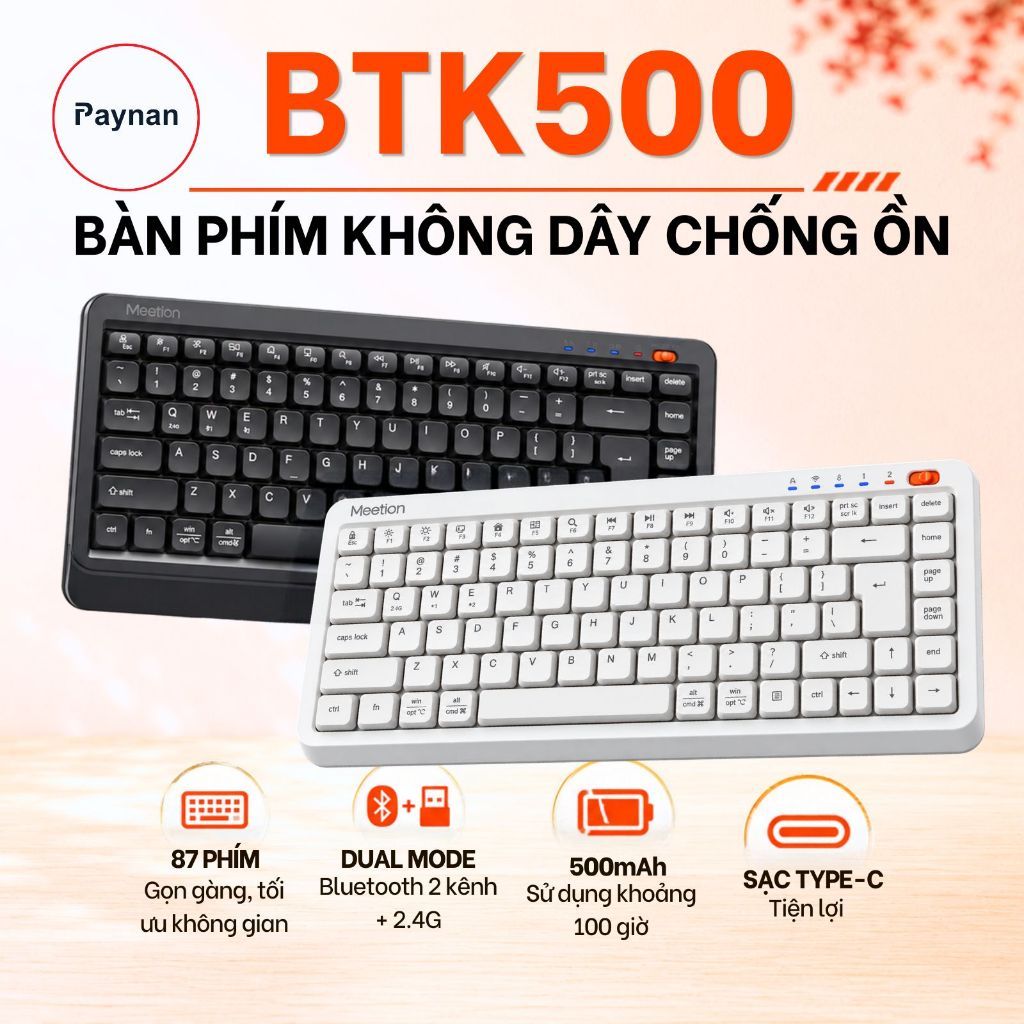 Bàn phím không dây Meetion BTK500 chống ồn dual mode Bluetooth/2.4G 87 phím pin sạc sử dụng hơn 100H