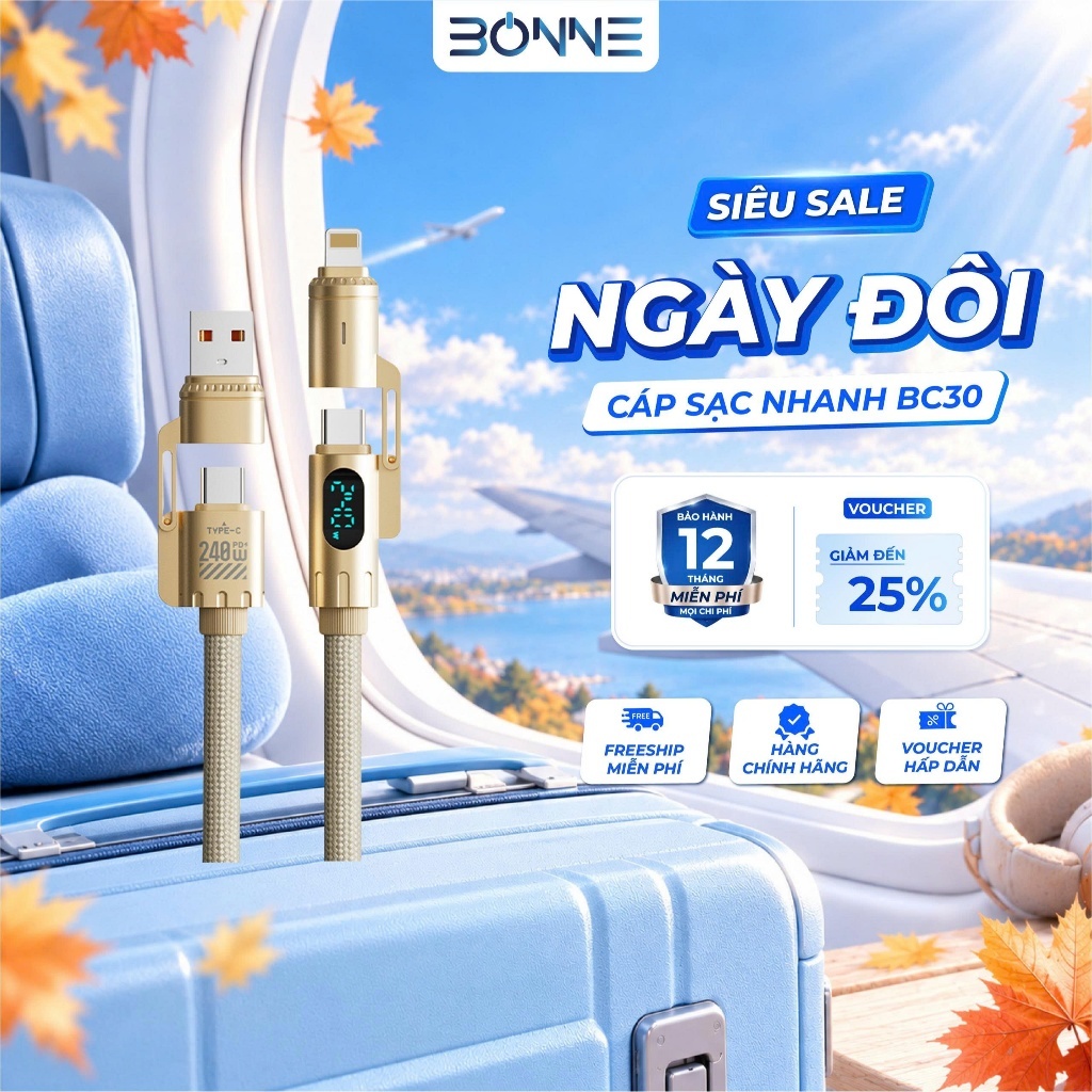 Cáp Sạc Nhanh BC30 ( Dài 2 Mét ) 4in1 Công Suất 240W Chính Hãng By Bonne TECHNOLOGIQUE Hỗ Trợ CarPlay, Bảo Hành 12T