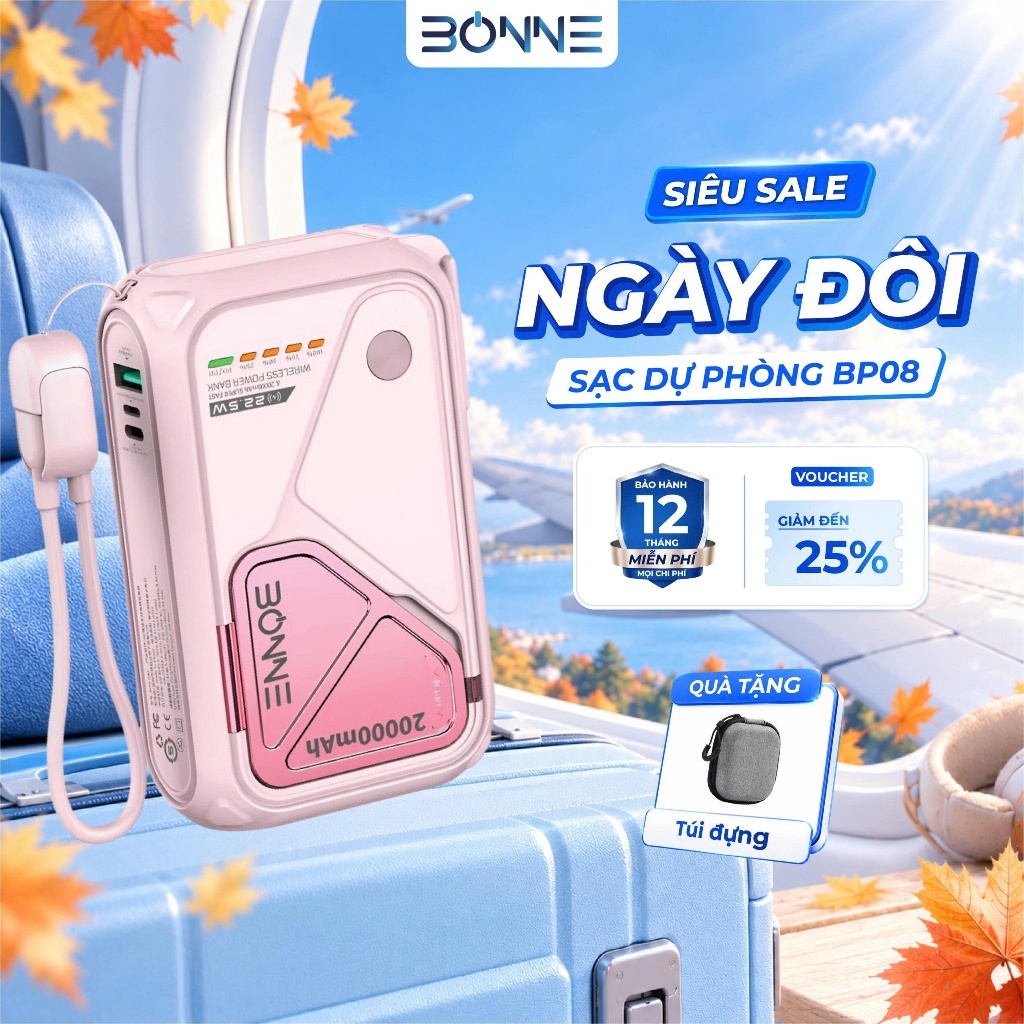 [SẴN HÀNG-TẶNG TÚI ĐỰNG] Sạc Dự Phòng BP08, Củ Sạc Nhanh BONNE BP08 10.000 mAh 20.000 mAh Hỗ Trợ Sạc Không Dây