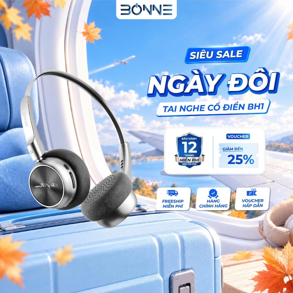 Tai Nghe Bluetooth Thiết Kế Cổ Điển BH1 By Bonne Chính Hãng, Tai Nghe Bluetooth 5.4, Âm thanh HIFI, Bảo hành 12 tháng