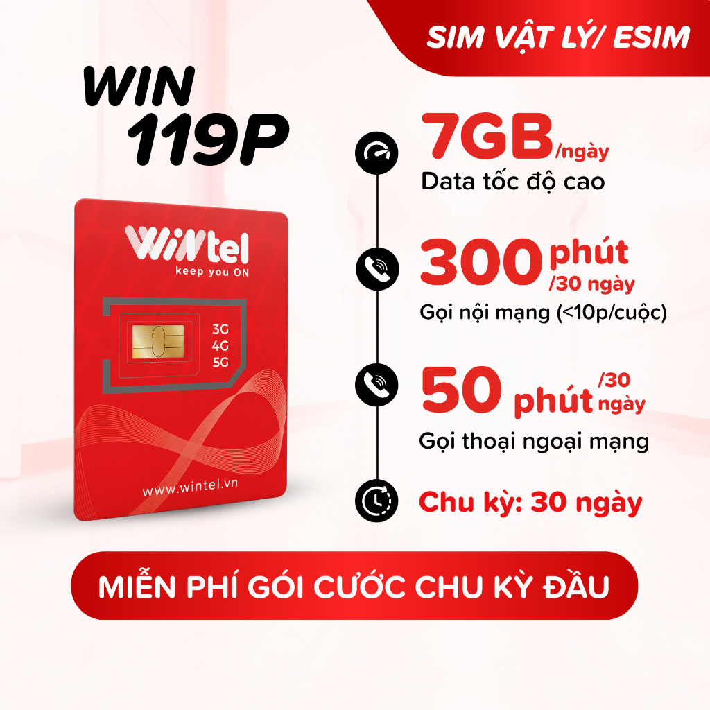 SIM 4G Wintel WIN119P - SIM Data Tốc Độ Cao Kèm Ưu Đãi Gọi Thoại - Miễn Phí Gói Cước Tháng Đầu