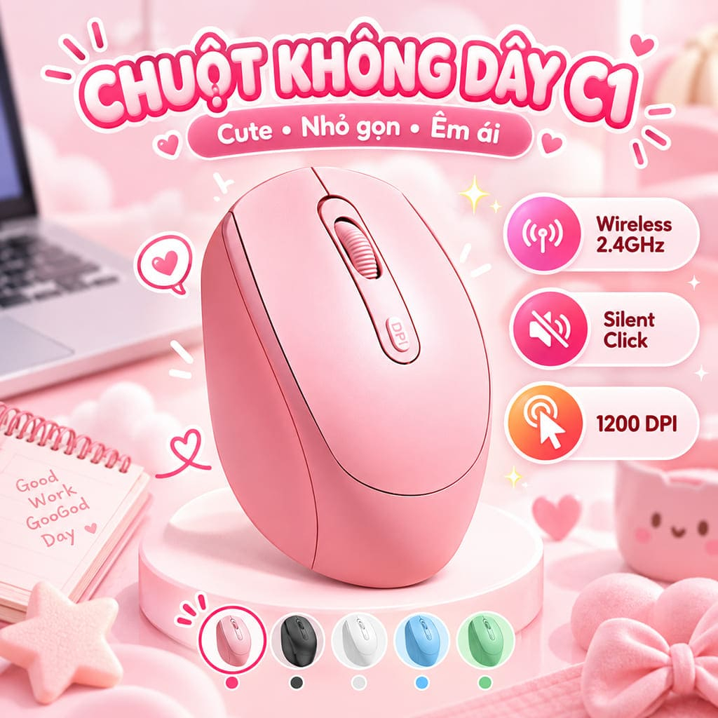 Chuột không dây C1 kết nối Wireless 2.4G pin rời dùng làm việc chơi game văn phòng