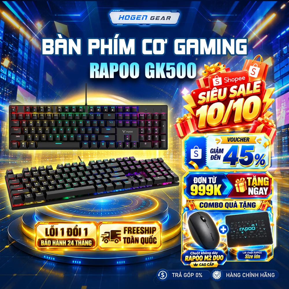 Bàn Phím Cơ Gaming Rapoo GK500 | Đèn RGB | Full Size | Chống Chàn nước | Bảo Hành 24 Tháng