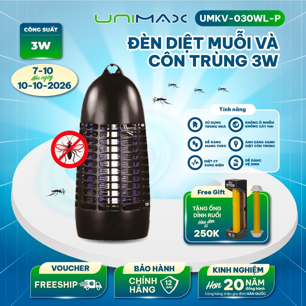 Đèn Bắt Muỗi Ruồi Và Côn Trùng Thông Minh Unimax UMKV-030WL, Ánh Sáng Xanh, Tiết Kiệm Điện, Bảo hành 1 năm