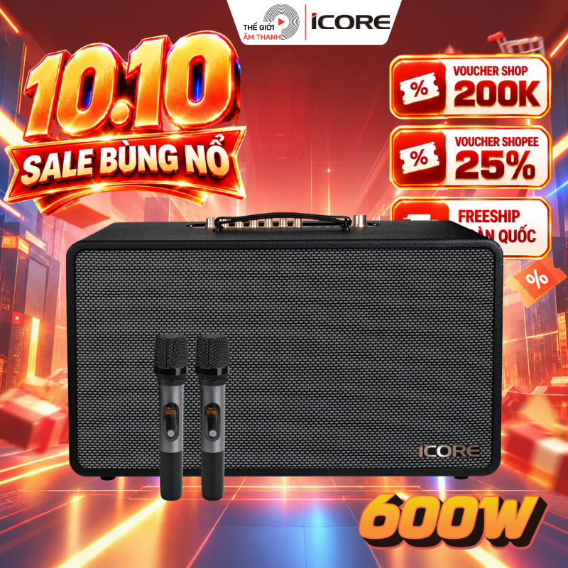 Loa Karaoke Xách Tay iCore S9 Công Suất 600W Kèm 2 Micro không dây UHF - THẾ GIỚI ÂM THANH