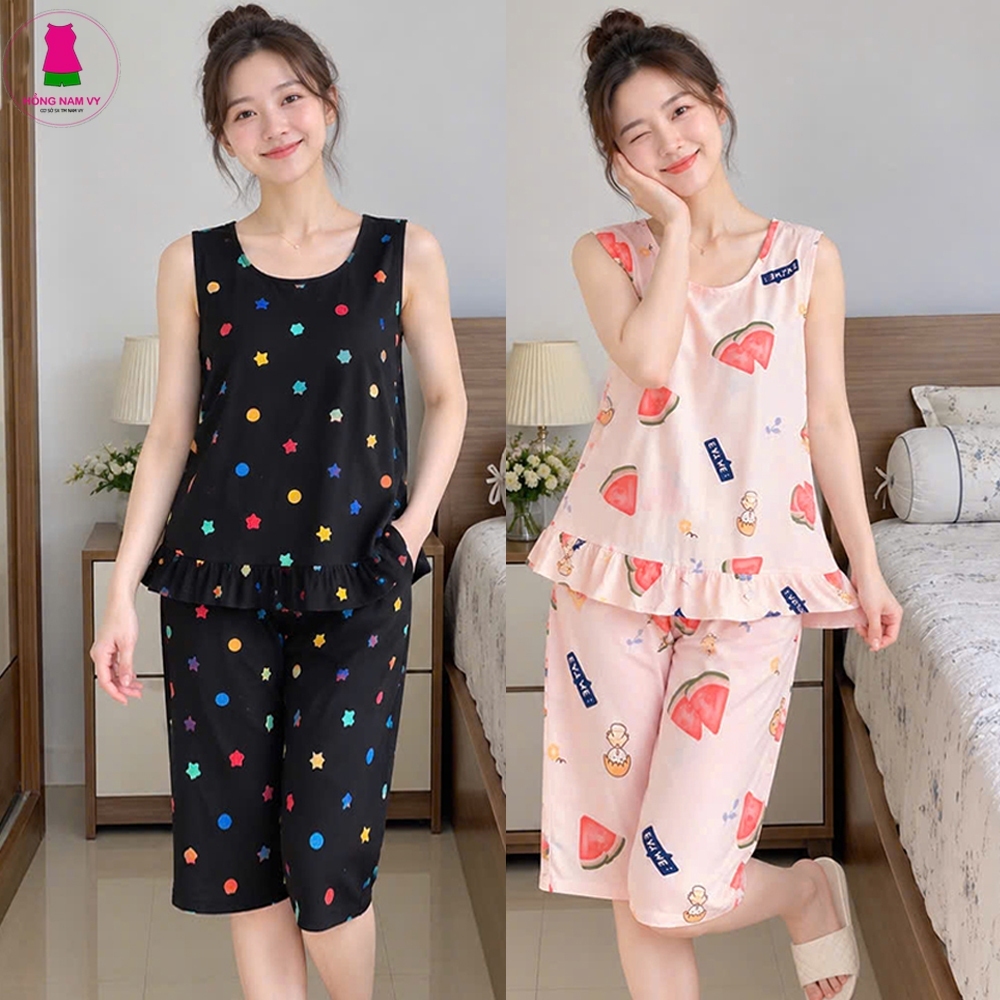 Đồ bộ tole lanh nữ lửng sát nách 48-75kg vải tole 2 da đẹp mát