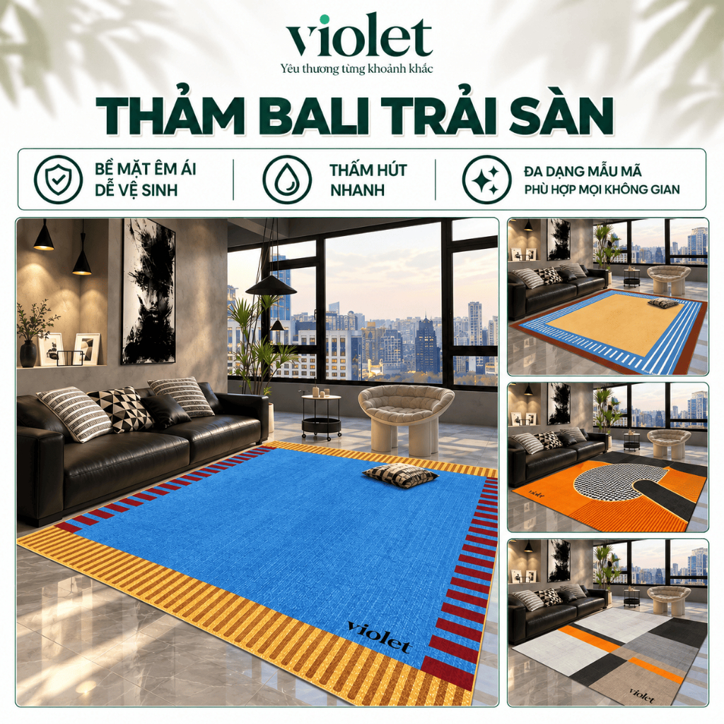 Thảm Trải Sàn Phòng Khách Bali VIOLET HOME Caro Nhiều Màu Decor Phòng Khách, Đế Cao Su Chống Trơn Trượt