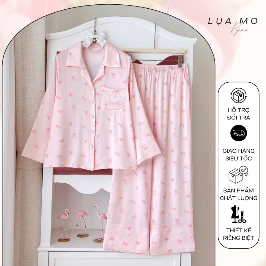 Pijama Tiểu Thư Cổ Nhọn Đính Đá Nhiều Hoạ Tiết Vải Lụa Latin Cao Cấp - Đồ bộ Lụa Mơ LM325