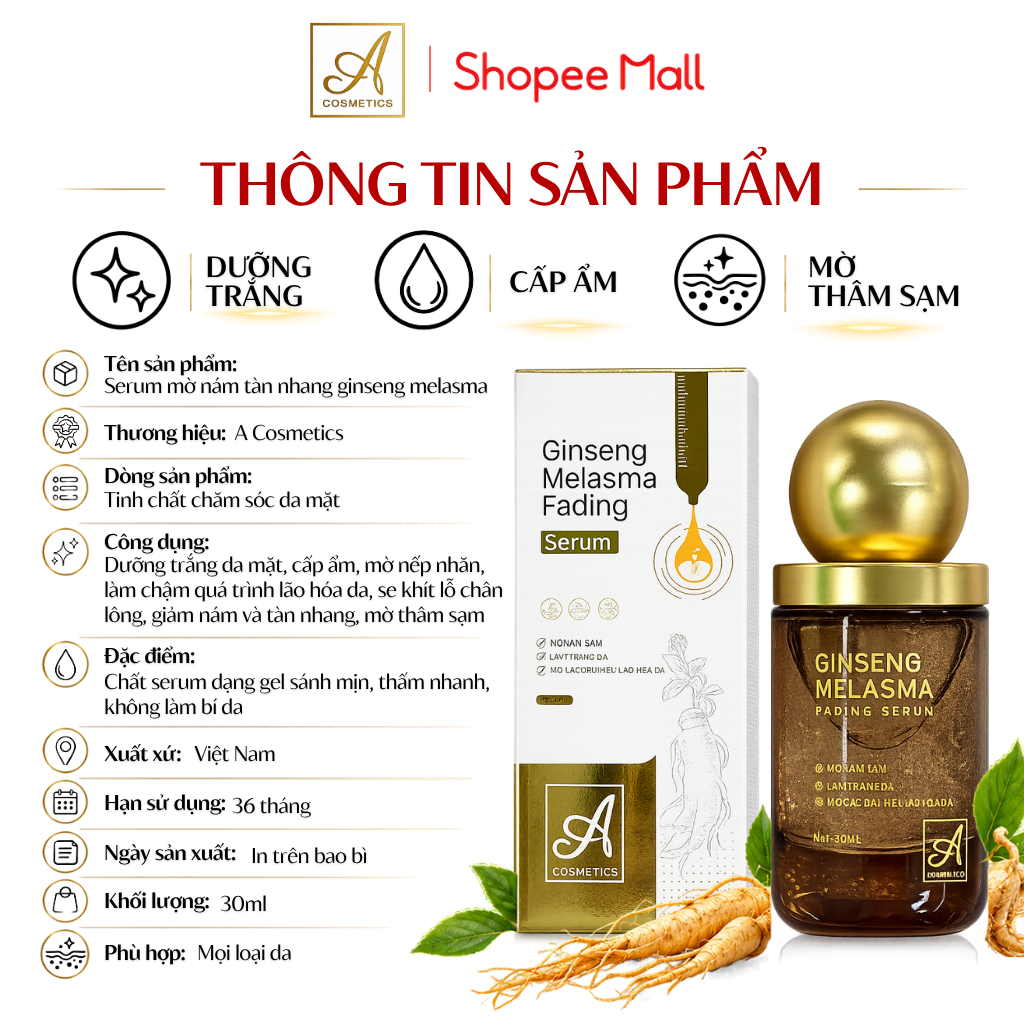 Serum mờ nám tàn nhang ginseng melasma A Cosmetics, dưỡng trắng da mặt, ẩm mượt, giảm nếp nhăn 30ml | BigBuy360 - bigbuy360.vn
