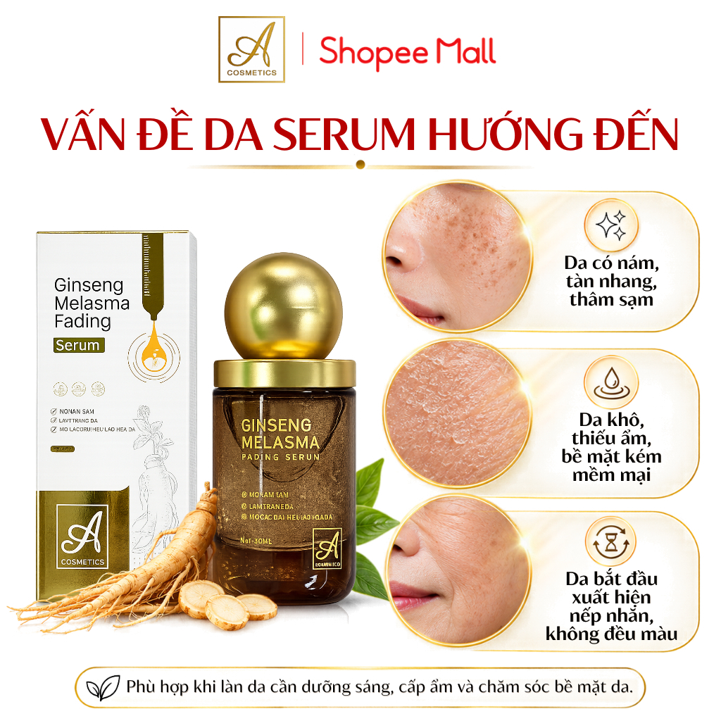 Serum mờ nám tàn nhang ginseng melasma A Cosmetics, dưỡng trắng da mặt, ẩm mượt, giảm nếp nhăn 30ml | BigBuy360 - bigbuy360.vn