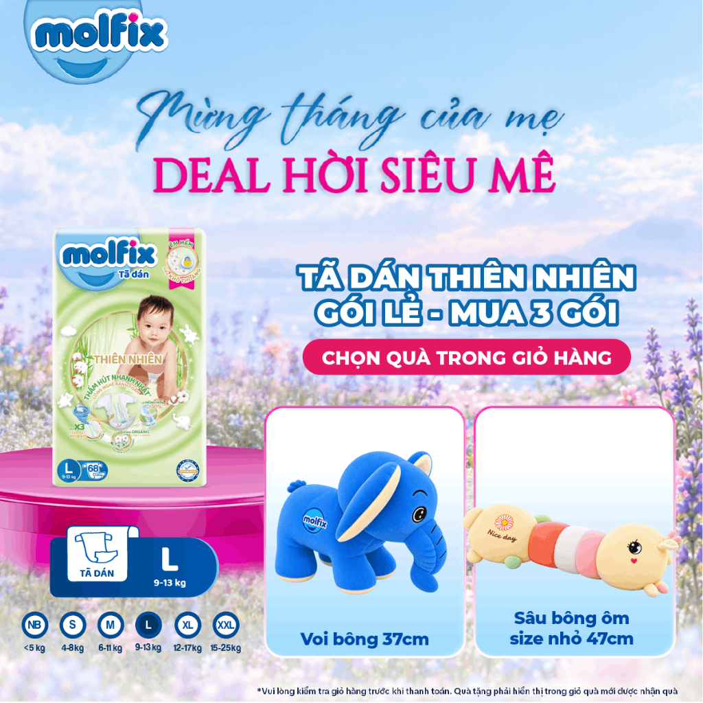 [Mua 3 gói_Chọn QUÀ trong giỏ] Tã dán thiên nhiên Molfix Super Jumbo đủ các size S80/M76/L68/XL64/XXL54 cho Bé