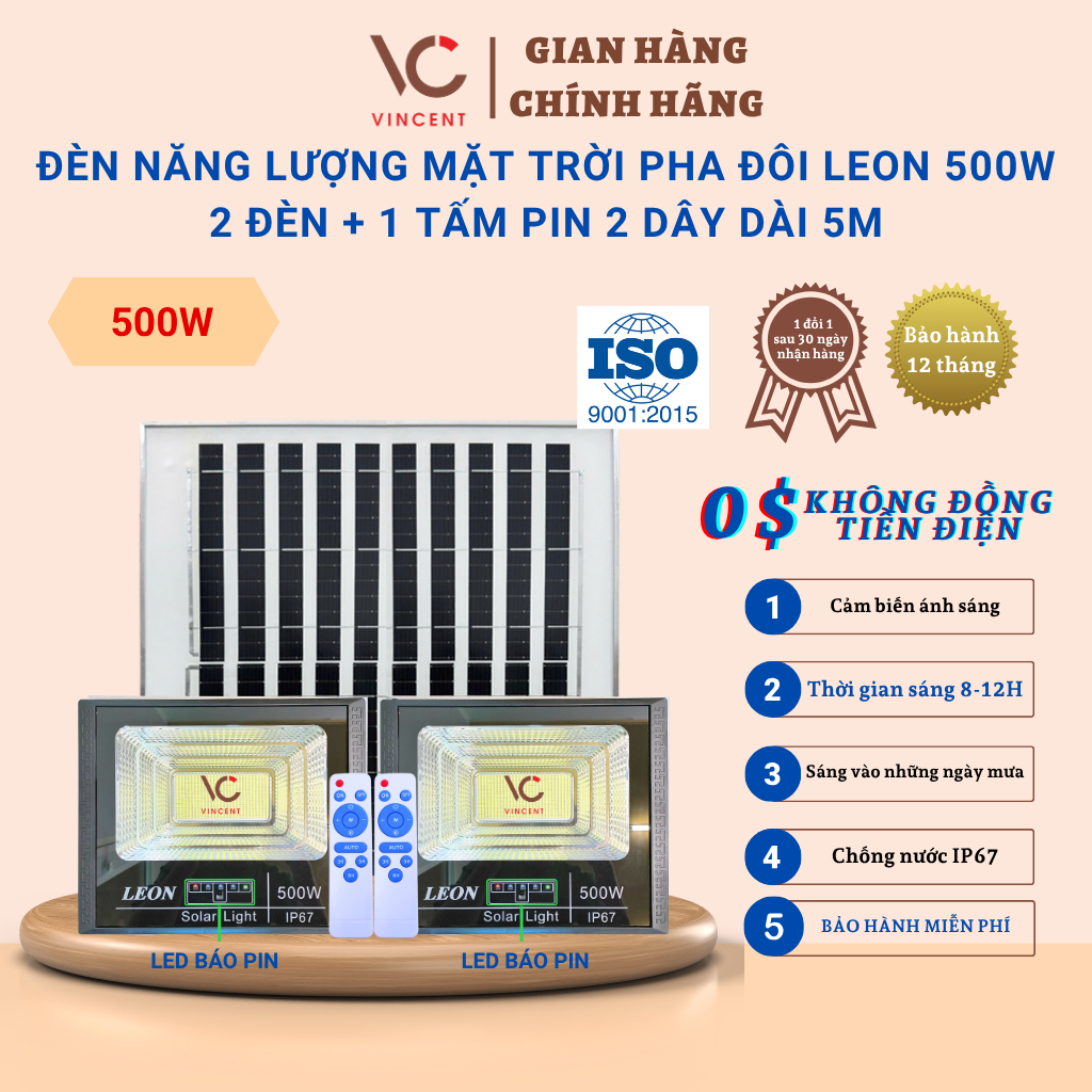 Đèn led năng lượng mặt trời VINCENT LED, đèn pha đôi LEON trang trí sân vườn 300W,500W,cảm biến,có điều khiển BH 1 năm