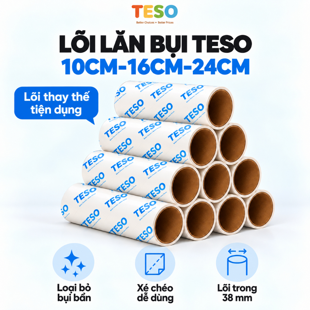Combo 10, Combo 6  Lõi Lăn Bụi Dự Phòng 60 Lớp - BỘ CÂY LĂN BỤI QUẦN ÁO TESO 10CM, 16CM, 24CM