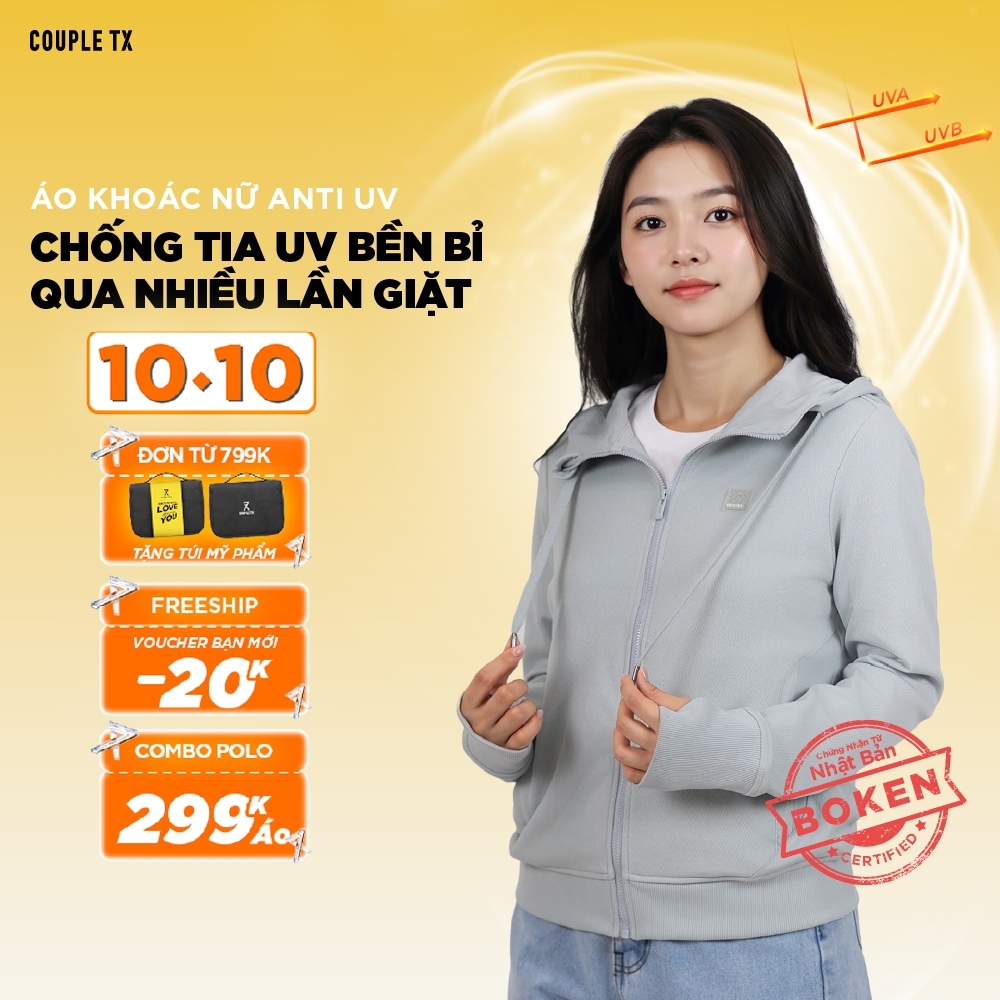 Áo Khoác Chống Nắng Nữ Couple TX Anti UV 98% UPF 50++ Original Thun Cotton Thoáng Mát Mũ Rộng Vành Form Vừa WOK 2064