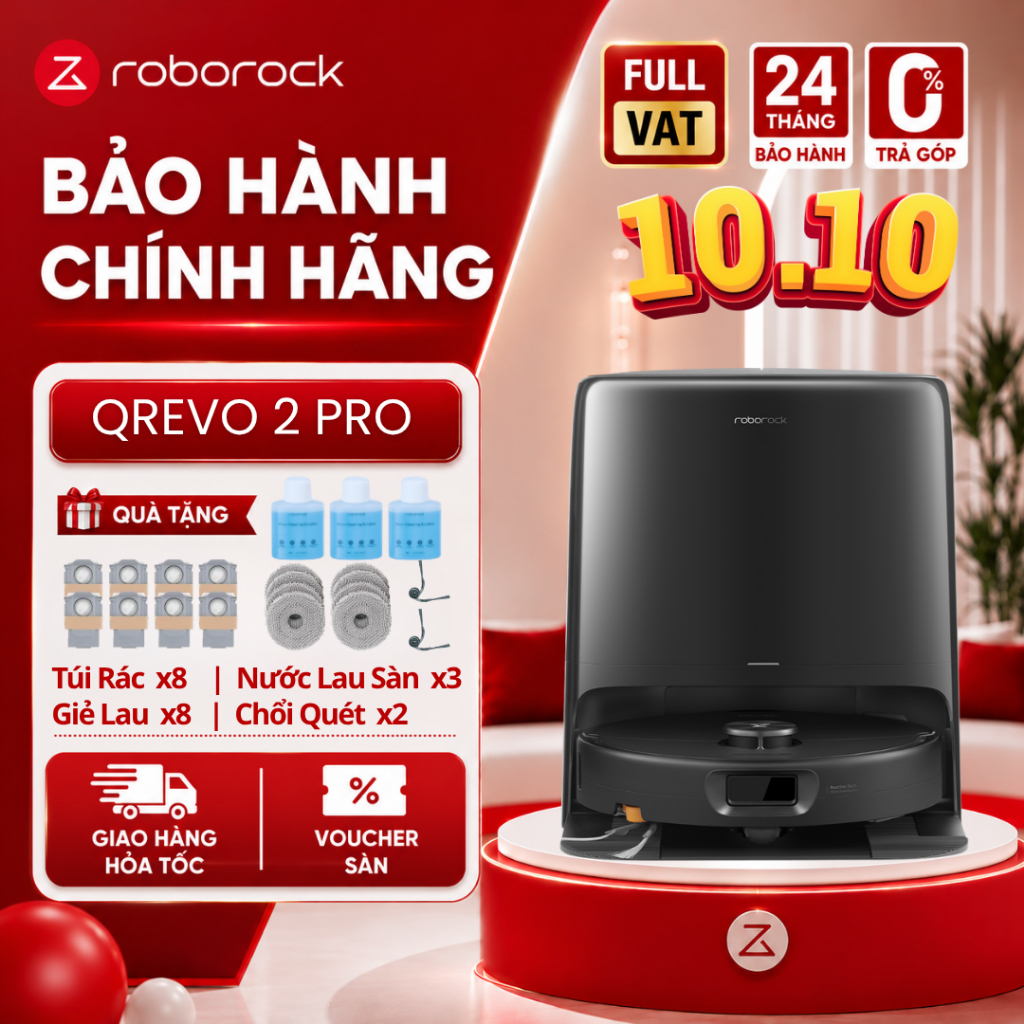 Robot Hút Bụi Roborock Qrevo 2 Pro - Lực Hút 25.000 Pa - Chổi Cạnh Đảo Chiều