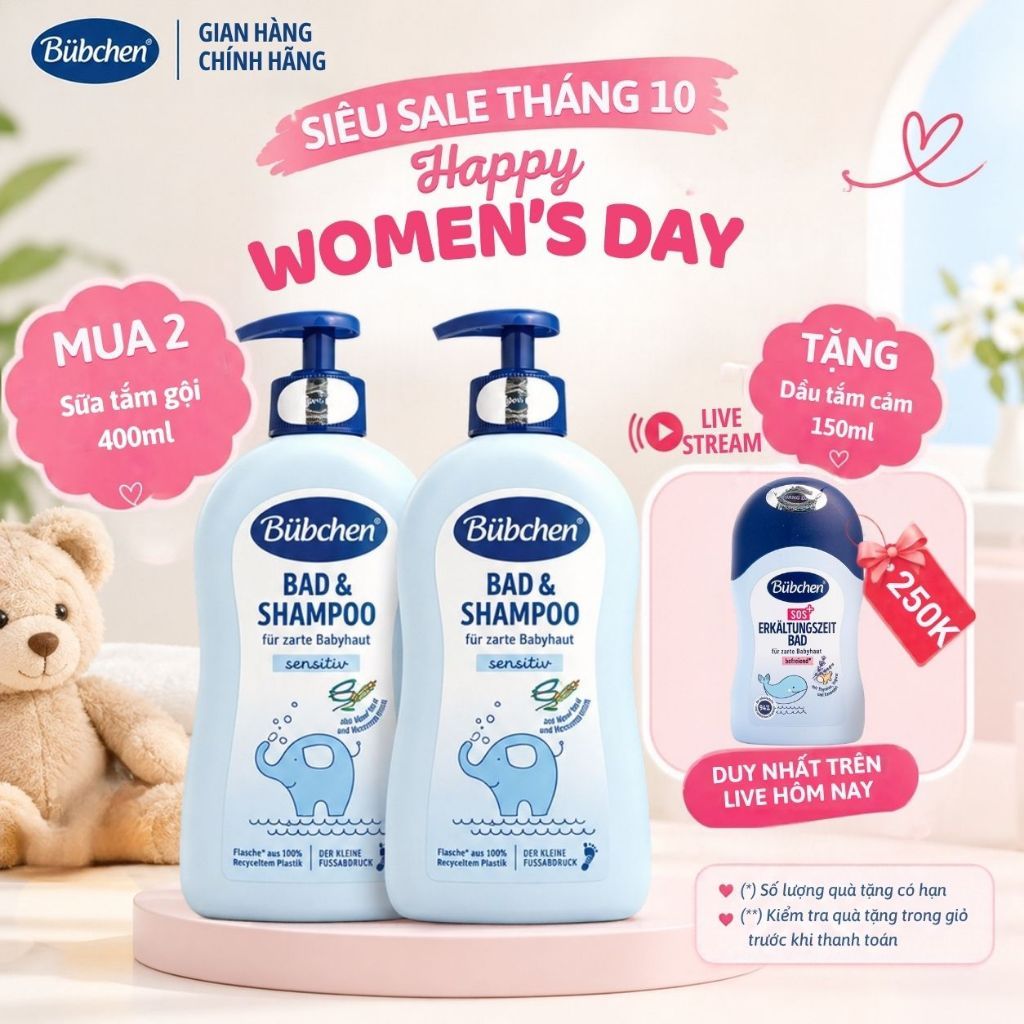 Sữa Tắm Gội 2in1 Cho Bé Bübchen Bad & Shampoo 400ml Làm Sạch Dịu Nhẹ Da & Tóc, Chăm Sóc Hằng Ngày