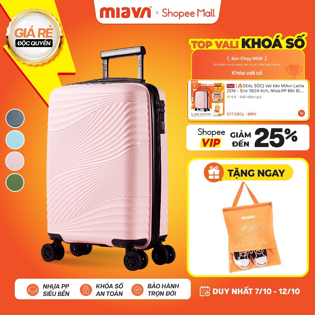 [🔥TOP DEAL] Vali Kéo MIAvn Larita ZENI - Size 19/24 Inch, Nhựa PP Bền Bỉ, Hạn Chế Bể Vỡ, Khoá Số, Bảo Hành Trọn Đời
