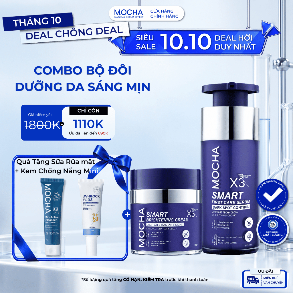 Combo Giảm Sạm Nám Chuyên Sâu MOCHA Smart Brightening Cream và Smart First Care Serum, Mua 2 Tặng 2