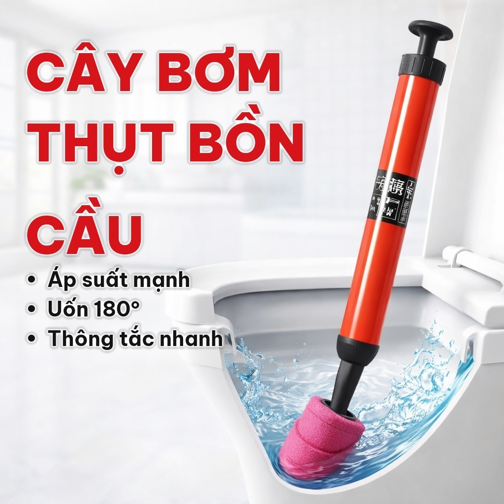 Cây Bơm Thụt Bồn Cầu Nén Khí, Cây Thông Bồn Cầu Cổ Uốn 180 Độ - Thông Tắc Cống, Lavabo, Bồn Rửa Chén