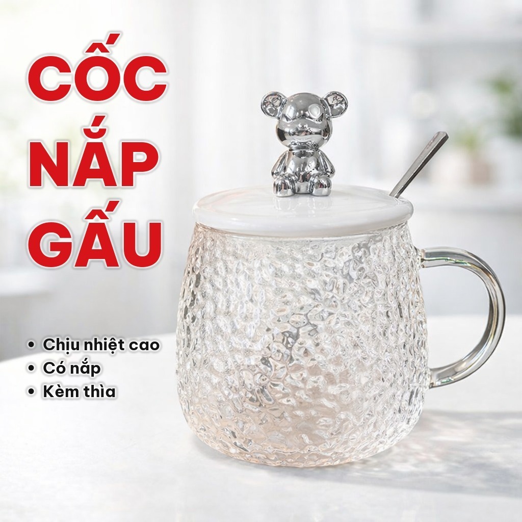 (COMBO 5) Cốc Thủy Tinh Chịu Nhiệt 500ml Nắp Gấu Bear, Ly Thủy Tinh Tặng Kèm Thìa, Chịu Nhiệt Tới 150 Độ