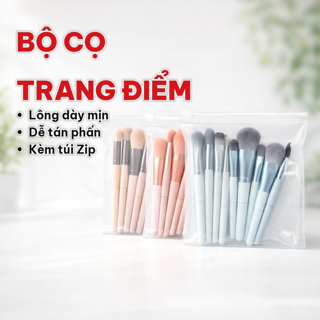 (COMBO 2) Bộ Cọ Trang Điểm 8 Cây Vintage, Lông Dày Mịn Kèm Túi Zip - Set Cọ Trang Điểm Dễ Tán Phấn Và Kem