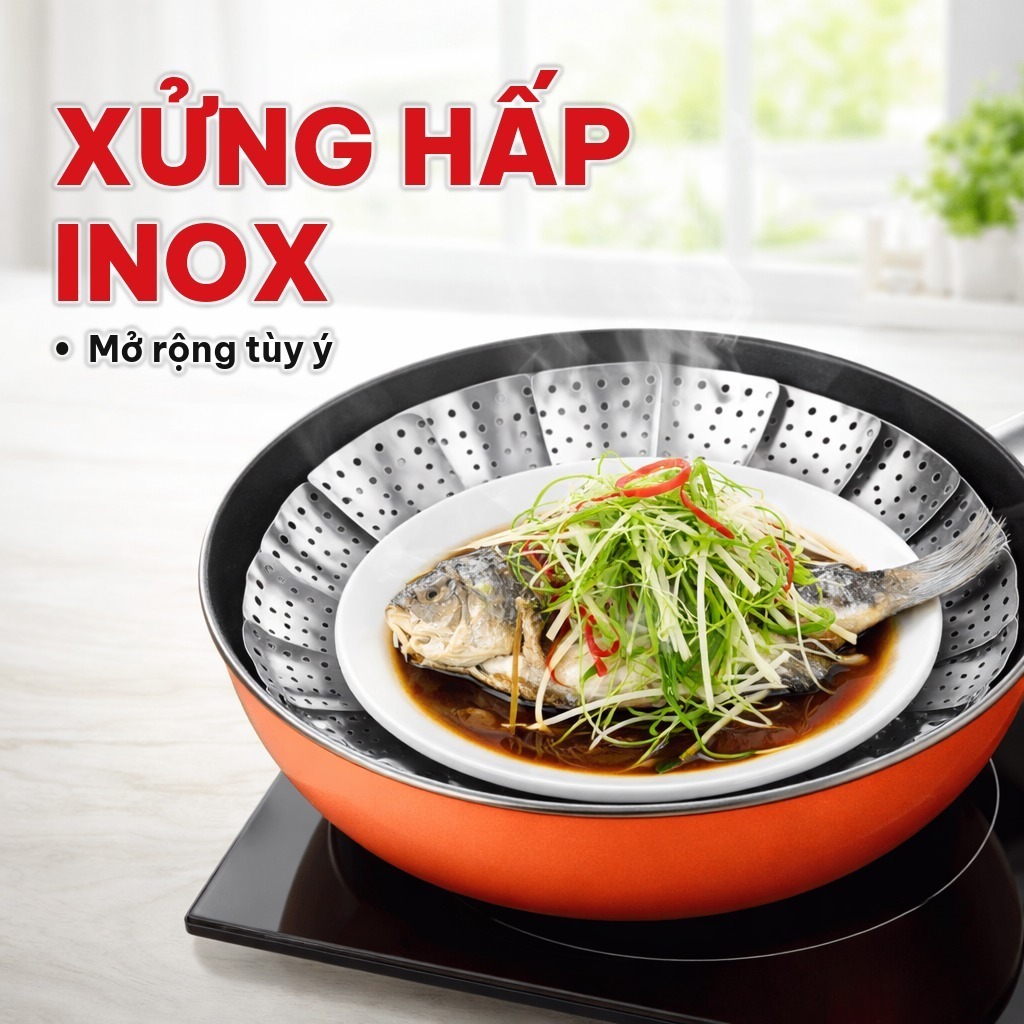 Xửng Hấp Inox Cao Cấp Gấp Gọn, Vỉ Hấp Đa Năng Mở Rộng Thu Nhỏ Kèm Chân, Phù Hợp Hầu Hết Các Loại Xoong Nồi