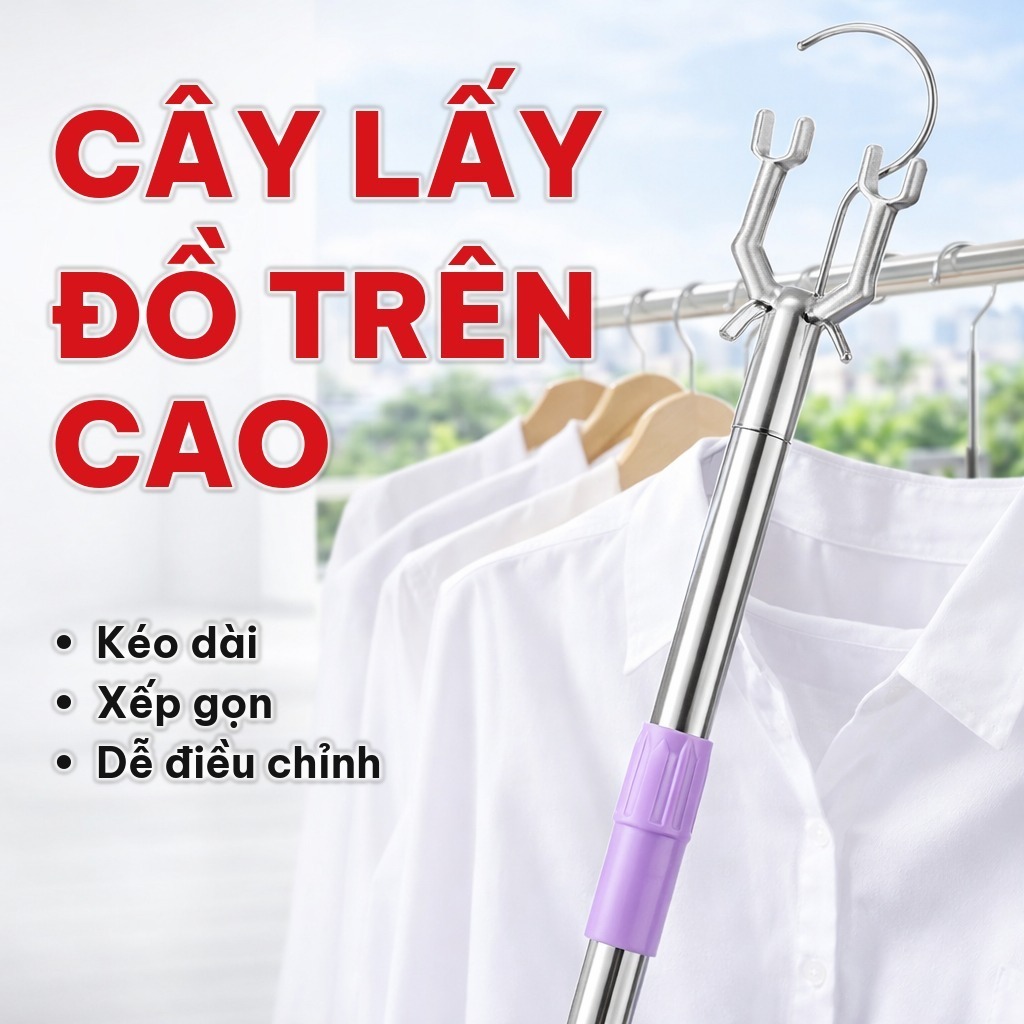 Cây Phơi Quần Áo Inox Kéo Dài 1,5m, Gậy Lấy Đồ Trên Cao Xếp Gọn, Điều Chỉnh Linh Hoạt Cho Dây Phơi Trên Cao