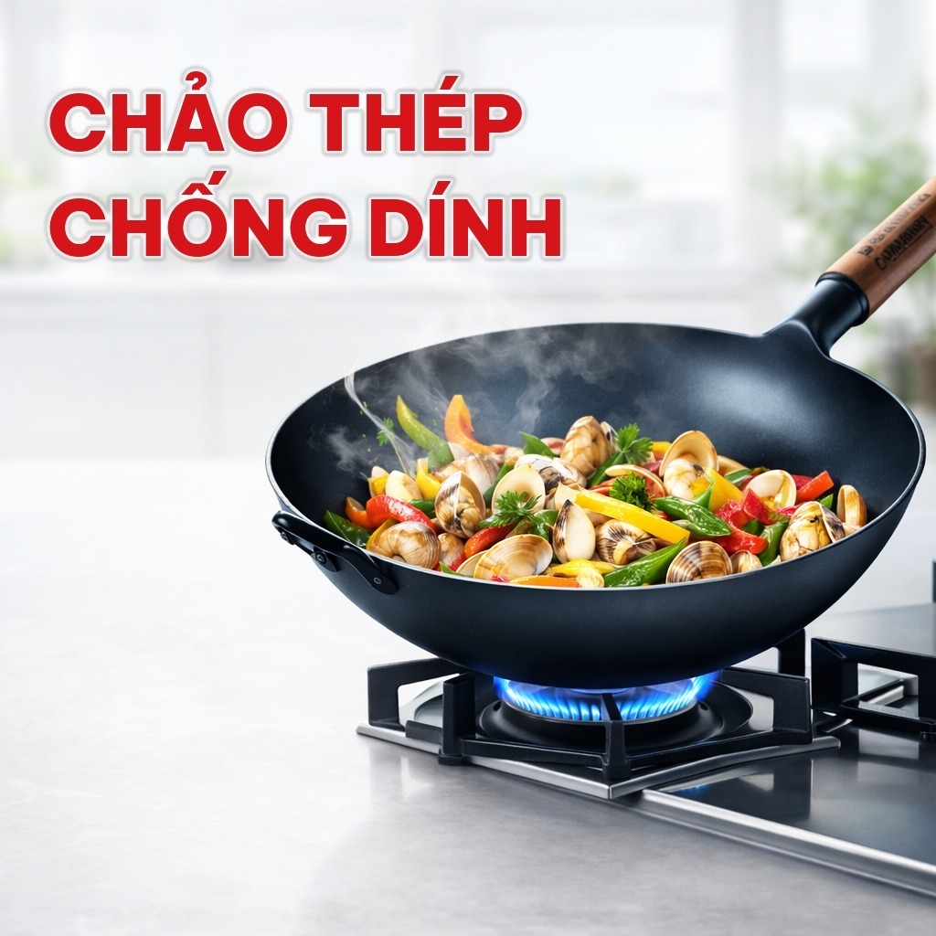 Chảo Xào Size 32, Chảo Sâu Lòng Thép Chống Dính Cán Gỗ, Dùng Chiên Xào Trên Bếp Gas Cho Gia Đình Tiện Dụng