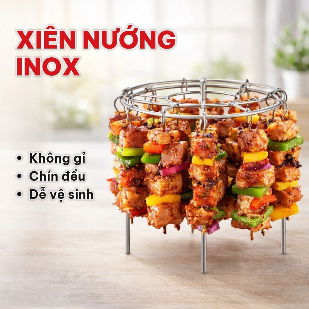 BỘ 24 Xiên Nướng Thịt Inox 304 Kèm Giá Treo Xiên, Dụng Cụ BBQ Cho Nồi Chiên Không Dầu, Chín Đều Không Cần Lật