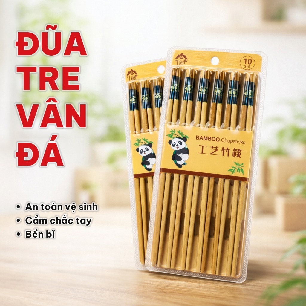 Đũa Tre Vân Đá Vỉ 10 Đôi, Đũa Ăn Cơm Đuôi Mạ Nhiều Màu, Cầm Chắc Tay, An Toàn Vệ Sinh Cho Bếp Gia Đình