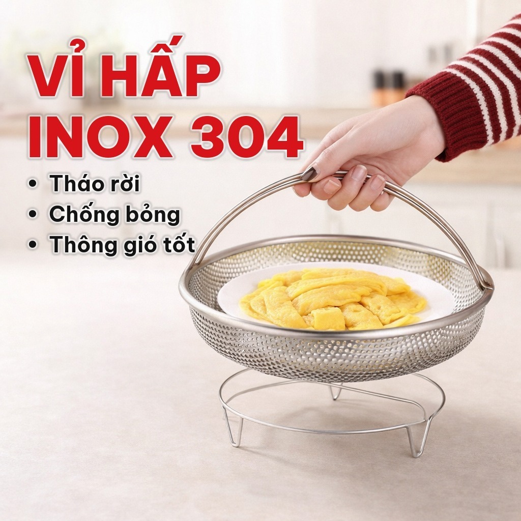 Vỉ Hấp Inox 304 Kèm Đế Tháo Rời, Khay Hấp Đồ Ăn Bằng Thép Không Gỉ, Có Tay Cầm Chống Bỏng Tiện Dụng Nhà Bếp