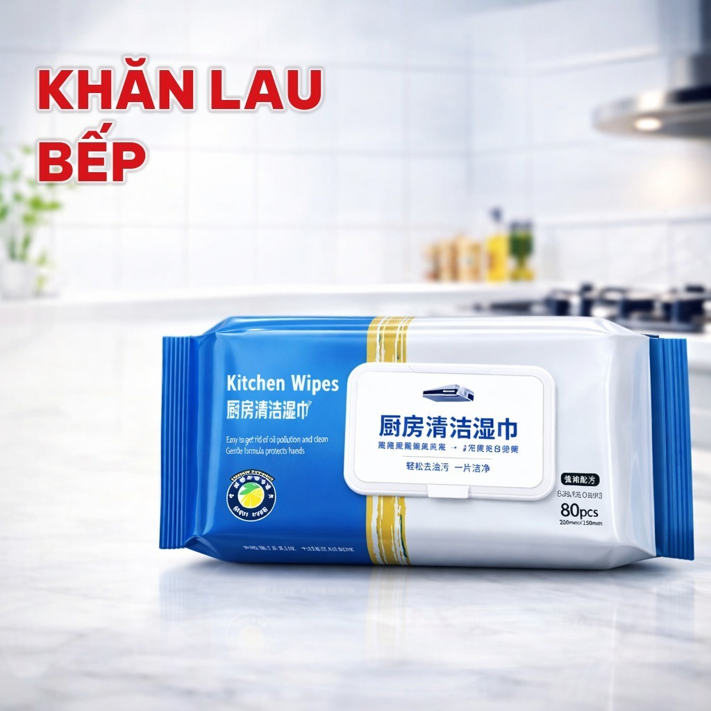 Khăn Ướt Lau Bếp Gói 80 Tờ, Khăn Lau Bếp Đa Năng Tiện Lợi - Làm Sạch Dầu Mỡ, Không Cần Rửa Lại