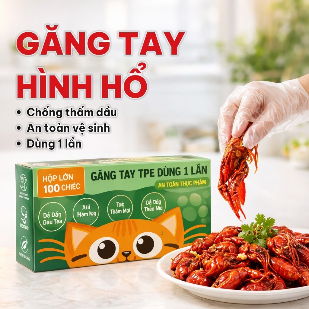 HỘP 100 Găng Tay Nilon Hình Con Hổ Dùng 1 Lần, Bao Tay Nhà Bếp TPE Chống Dầu, Chế Biến Thực Phẩm An Toàn