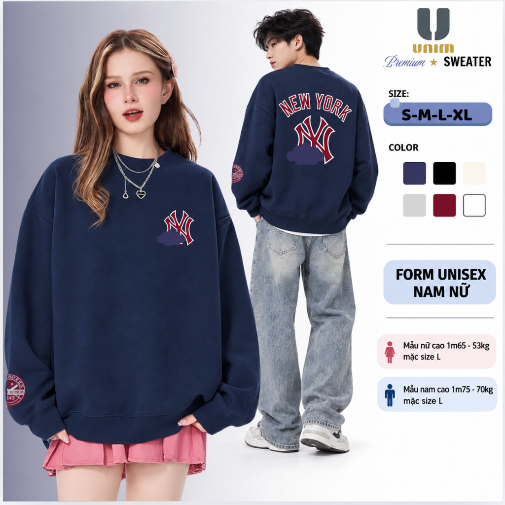 [Siêu tốc 4H HN] Áo Sweater NY LA Unisex Nhiều Màu Nỉ 2 Da Cotton Cao Cấp Form Rộng Nam Nữ Unim Store SW06