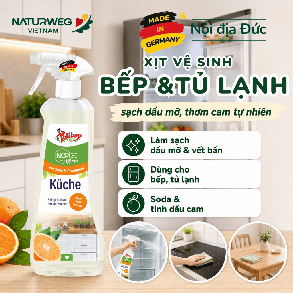 Xịt Vệ Sinh Tủ Lạnh Poliboy Nội Địa Đức - Hữu Cơ Chuẩn Châu Âu, Lau Bếp, Lau Bàn Ăn 500ml