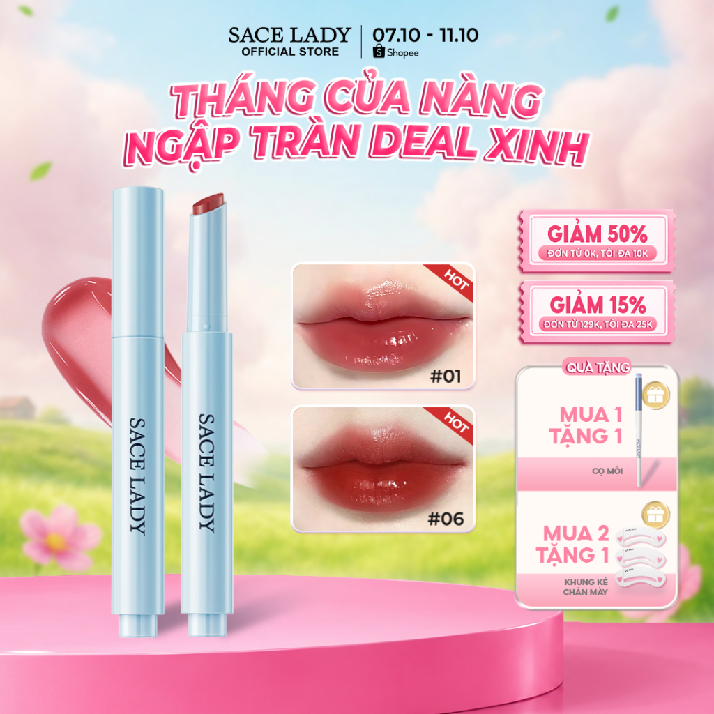 Son Tint Bóng SACELADY Dưỡng Ẩm Sáng Bóng Lấp Lánh Một Cú Nhấp Chuột Trang Điểm Môi