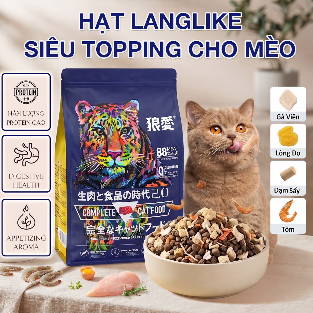 Hạt mèo langlike 5kg  , hạt cho mèo Langlike 5kg siêu toping 40% đạm nhiều dinh dưỡng tặng kèm xúc xích