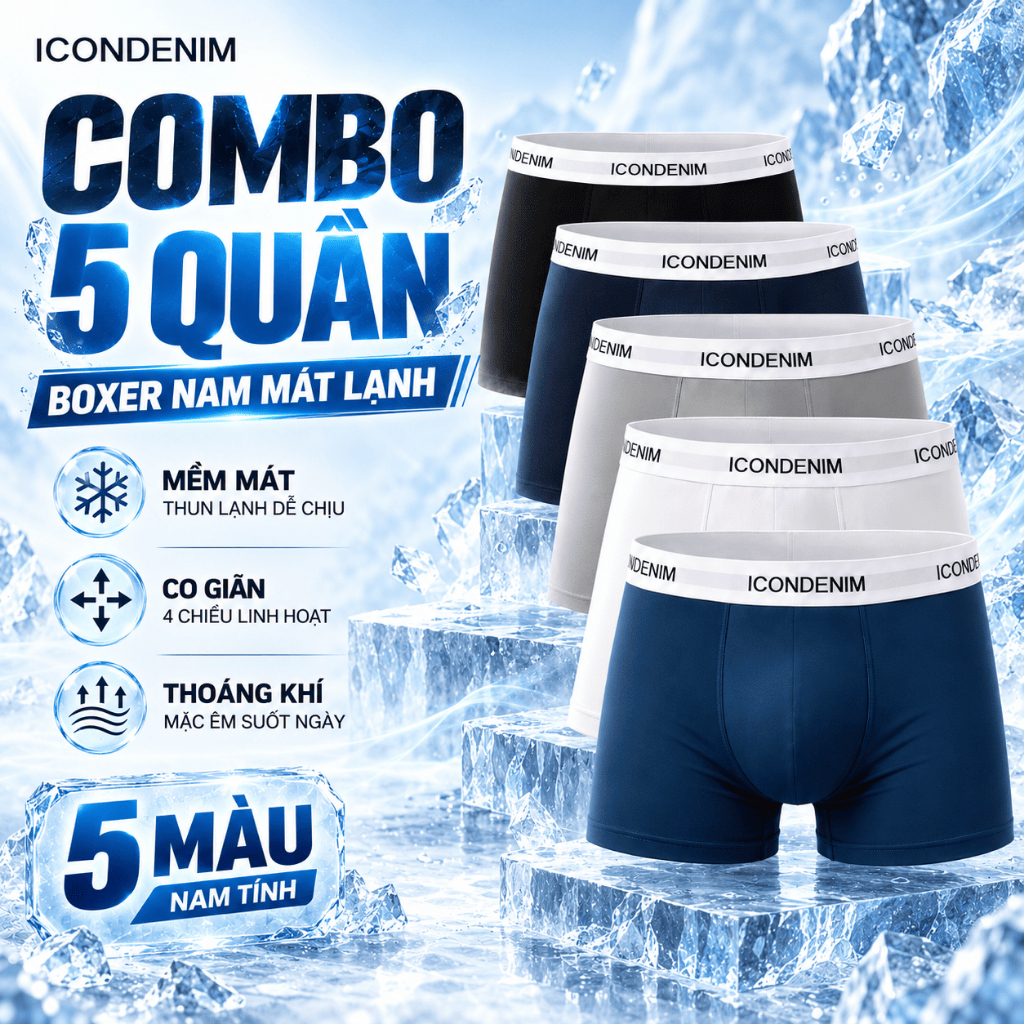 Quần Lót Nam [ COMBO 5C] boxer nam, quần lót nam thun lạnh cao cấp thoáng khí co giãn 4 chiều set 5 màu IC02