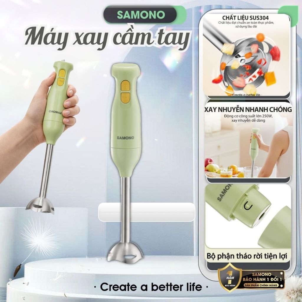 Máy xay ăn dặm cầm tay SAMONO SW-HB200A 250W xay cháo, sinh tố, rau củ - thanh máy inox